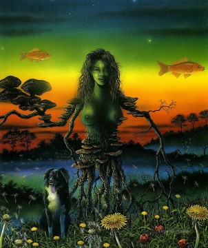 dog and tree girl Fantasy Oil Paintings